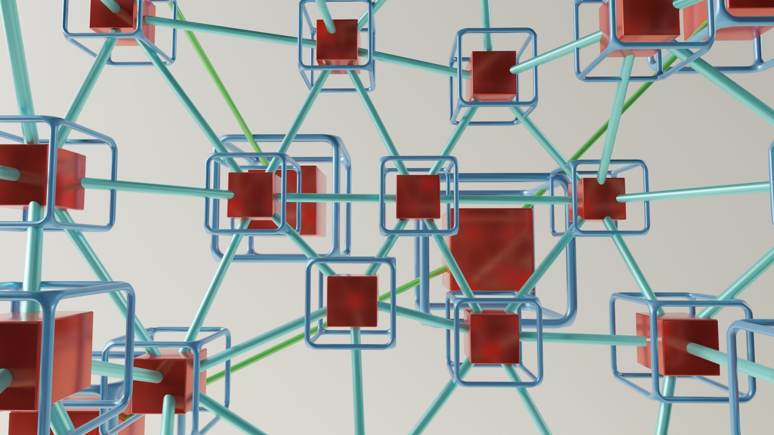 Red colored blocks, tied together with, ehm, tubes so a grid is formed