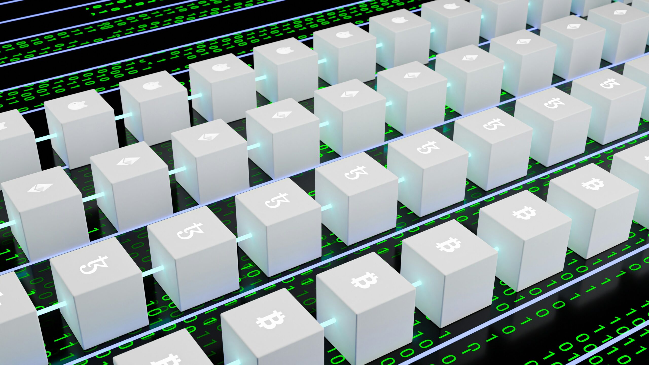 Four diagonal rows of connected "blocks" with crypto currency symbols on them. They are symbolizing blockchains... as background is tilted, or diagonal rows with green symbols in columns on black bottom, inspired from Neos "the matrix" terminal prompt.