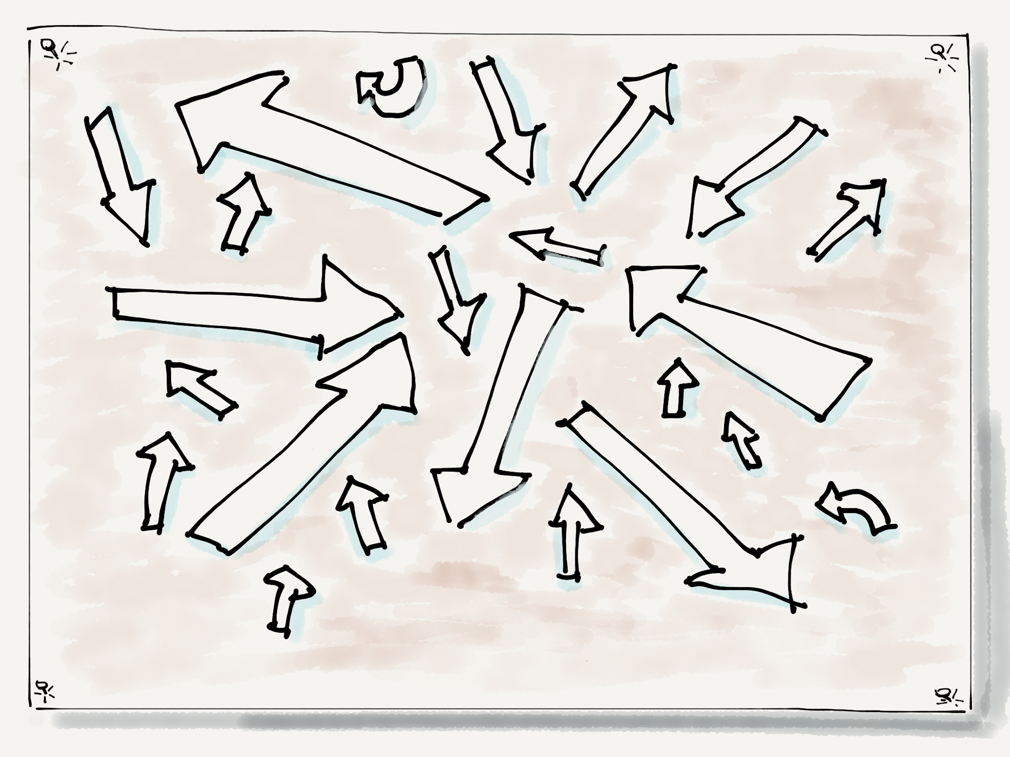 Hand-drawn sketch showing a huge number of arrows pointing in all directions